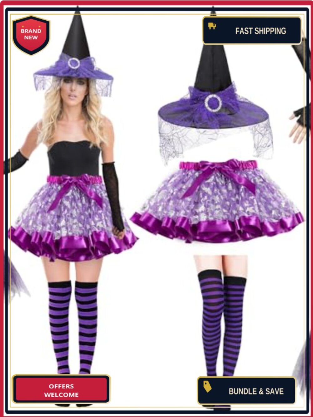 Witch Costume Set 5PCS Halloween Dress Hat Tutu Broom Socks Gloves Cosplay